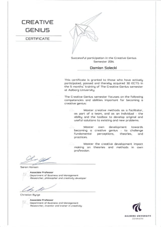 Certificate, Creative Genius, Damian Solecki