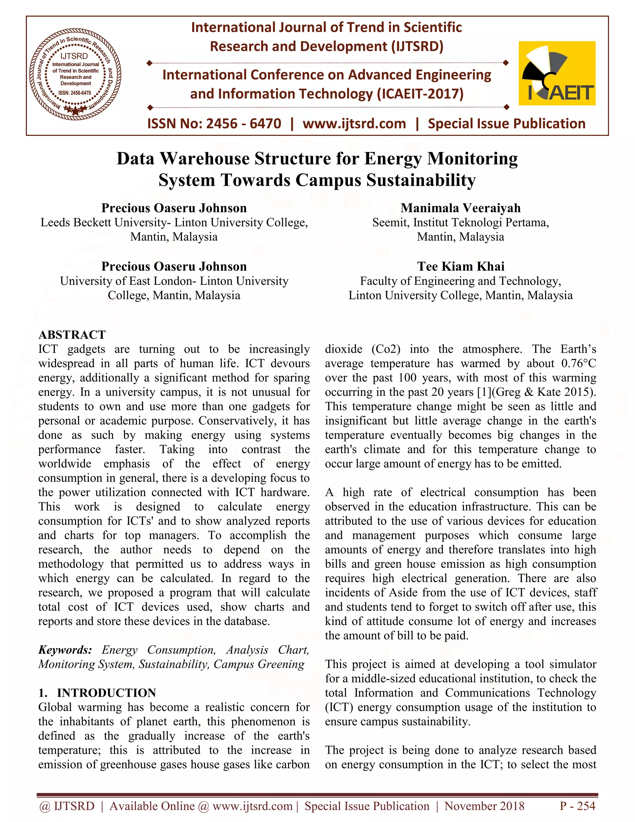 Data warehouse structure for energy monitoring system towards campus