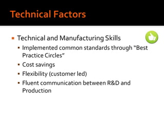  Technical and Manufacturing Skills
 Implemented common standards through “Best
Practice Circles”
 Cost savings
 Flexibility (customer led)
 Fluent communication between R&D and
Production
 