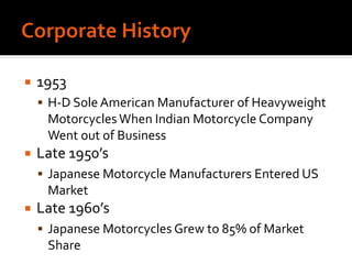  1953
 H-D Sole American Manufacturer of Heavyweight
Motorcycles When Indian Motorcycle Company
Went out of Business
 Late 1950’s
 Japanese Motorcycle Manufacturers Entered US
Market
 Late 1960’s
 Japanese Motorcycles Grew to 85% of Market
Share
 