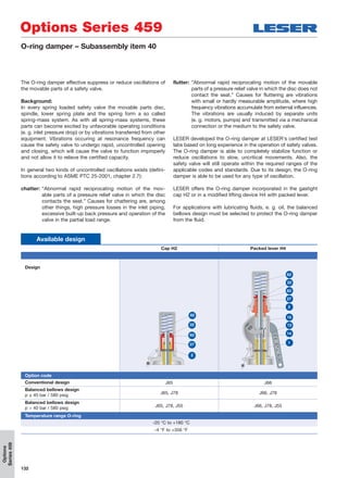 132
Options
Series459
Options Series 459
O-ring damper – Subassembly item 40
The O-ring damper effective suppress or reduce oscillations of
the movable parts of a safety valve.
Background:
In every spring loaded safety valve the movable parts disc,
spindle, lower spring plate and the spring form a so called
spring-mass system. As with all spring-mass systems, these
parts can become excited by unfavorable operating conditions
(e. g. inlet pressure drop) or by vibrations transferred from other
equipment. Vibrations occuring at resonance frequency can
cause the safety valve to undergo rapid, uncontrolled opening
and closing, which will cause the valve to function improperly
and not allow it to relieve the certified capacity.
In general two kinds of uncontrolled oscillations exists (defini-
tions according to ASME PTC 25-2001, chapter 2.7):
chatter: “Abnormal rapid reciprocating motion of the mov-
able parts of a pressure relief valve in which the disc
contacts the seat.” Causes for chattering are, among
other things, high pressure losses in the inlet piping,
excessive built-up back pressure and operation of the
valve in the partial load range.
flutter: “Abnormal rapid reciprocating motion of the movable
parts of a pressure relief valve in which the disc does not
contact the seat.” Causes for fluttering are vibrations
with small or hardly measurable amplitude, where high
frequency vibrations accumulate from external influences.
The vibrations are usually induced by separate units
(e. g. motors, pumps) and transmitted via a mechanical
connection or the medium to the safety valve.
LESER developed the O-ring damper at LESER‘s certified test
labs based on long experience in the operation of safety valves.
The O-ring damper is able to completely stabilize function or
reduce oscillations to slow, uncritical movements. Also, the
safety valve will still operate within the required ranges of the
applicable codes and standards. Due to its design, the O-ring
damper is able to be used for any type of oscillation.
LESER offers the O-ring damper incorporated in the gastight
cap H2 or in a modified lifting device H4 with packed lever.
For applications with lubricating fluids, e. g. oil, the balanced
bellows design must be selected to protect the O-ring damper
from the fluid.
Cap H2 Packed lever H4
Design
Option code
Conventional design J65 J66
Balanced bellows design
p ≤ 40 bar / 580 psig J65, J78 J66, J78
Balanced bellows design
p > 40 bar / 580 psig J65, J78, J55 J66, J78, J55
Temperature range O-ring
-20 °C to +180 °C
-4 °F to +356 °F
82
22
83
27
2
Available design
82
83
2
22
27
15
14
13
1
 