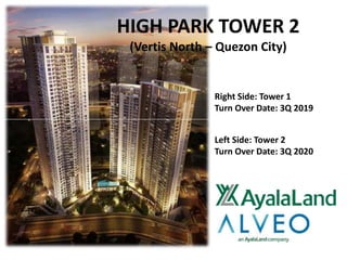HIGH PARK TOWER 2
(Vertis North – Quezon City)
Right Side: Tower 1
Turn Over Date: 3Q 2019
Left Side: Tower 2
Turn Over Date: 3Q 2020
 