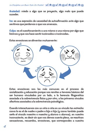 Ansiedad: 
suceder. 
Ira: 
miedo a algo que se proyecta, algo malo que puede 
es una expresión de necesidad de autoafirmación ante algo que 
sentimos que perdemos o que nos amenaza. 
es el cuestionamiento a uno mismo o una misma por algo que 
Culpa: 
hicimos y que nos hace sentir incómodos o incómodas. 
Estas emociones se alimentan mutuamente: 
Estas emociones son las más comunes en el proceso de 
socialización y educación porque nos remiten a temores básicos del 
ser humano vinculados por un lado, a la herencia filogenética 
asociada a la sobrevivencia física y por otro, a los primeros vínculos 
afectivos asociados a la sobrevivencia psicológica. 
Cuando interactuamos con un niño o niña en un vínculo tan estrecho 
como lo es el de madre o padre e hijo o hija (y como también puede 
serlo el vínculo maestro o maestra y alumno o alumna), en nuestro 
inconsciente, es decir sin que nos demos cuenta plena, se reactivan 
sensaciones, recuerdos, emociones, que corresponden a nuestra 
4 La Disciplina con Buen Trato ¡Es Posible!  