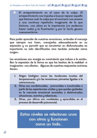 El arrepentimiento en el caso de la culpa. El 
arrepentimiento nos impulsa a buscar reparar aquello 
que hicimos mal; la culpa por el contrario nos amarra 
a una continua repetición imaginaria de lo que 
hicimos, nos ubica en la impotencia (no podemos 
hacer nada) y la frustración y por lo tanto genera 
nuevamente ira. 
Para poder aprender de nuestras emociones, entender el mensaje 
que siempre nos traen, manejarlas adecuadamente en su 
expresión y no permitir que se conviertan en disfuncionales es 
importante no sólo identificarlas sino también entender cómo 
surgen. 
Las emociones son energía en movimiento que induce a la acción. 
Son la expresión de la forma en que los hechos de la realidad -o 
imaginarios- nos afectan. Algunas de nuestras respuestas anímicas 
tienen: 
1. Origen biológico como las tendencias innatas del 
temperamento y/o las emociones primarias ligadas a la 
sobrevivencia. 
2. Otras son condicionadas, promovidas o construidas a 
partir de las experiencias vividas y que quedan grabadas 
en la memoria emocional asociadas a determinadas 
situaciones, eventos y relaciones. 
3. Otras, por último son modeladas y aprendidas en el 
proceso de desarrollo psicosocial. 
Estos niveles se relacionan unos 
con otros y funcionan 
como un todo. 
6 La Disciplina con Buen Trato ¡Es Posible!  