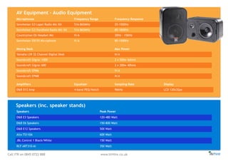 Call ITR on 0845 0722 888 www.itrHire.co.uk
System Mixer Speakers
1800W PA System 1x Soundcraft EPM6 Mixing Desk 6x ATR 310i 300W Powered speakers inc height adjustable stands
1200W PA System 1x Soundcraft EPM6 Mixing Desk 4x ATR 310i 300W Powered speakers inc height adjustable stands
600W PA System 1x Soundcraft EPM6 Mixing Desk 2x ATR 310i 300W Powered speakers inc height adjustable stands
150W PA System 1x Gigrac AMP/Mixer 2x JBL 75W Control 1 Speakers (150W combined) inc wall mount brackets
AV Equipment - Audio Equipment
Microphones Frequency Range Frequency Response
Sennheiser G3 Lapel Radio Mic Kit 516-865MHz 25-1500Hz
Sennheiser G3 Handheld Radio Mic Kit 516-865MHz 80-1800Hz
Countryman E6 Headset Mic N/A 30Hz - 15KHz
Sennheiser E8155 Microphone N/A 80-1500Hz
Mixing Desk Max Power
Yamaha LS9 32 Channel Digital Desk N/A
Soundcraft Gigrac 1000 2 x 500w 4ohms
Soundcraft Gigrac 600 2 x 300w 40hms
Soundcraft EPM6 N/A
Soundcraft EPM8 N/A
Amplifiers Equalizer Sampling Rate Display
D&B D12 Amp 4-band PEQ/Notch 96kHz LCD 120x32px
Speakers (inc. speaker stands)
Speakers Peak Power
D&B E3 Speakers 120-480 Watt
D&B E6 Speakers 150-800 Watt
D&B E12 Speakers 500 Watt
Alto TS110A 600 Watt
JBL Control 1 Black/White 150 Watt
RCF ART310-Ai 350 Watt
 