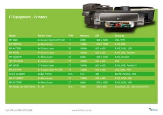 Call ITR on 0845 0722 888 www.itrHire.co.uk
Model Printer Type PPM Memory DPI Features
HP 5520 A4 Colour Inkjet AirPrinter 11 64Mb 1200 x 1200 USB, WiFi
HP P2055DN A4 Mono Laser 35 128Mb 1200 x 1200 RJ45, USB
HP M475DN A4 Colour Laser 20 160Mb 600 x 600 RJ45, RJ11, USB
HP 4700N A4 Colour Laser 31 160Mb 600 x 600 RJ45, USB, Parallel
HP 5100DTN A3 Mono Laser 43 64Mb 1200 x 1200 RJ45, Parallel
HP CP5225DN A3 Colour Laser 27 160Mb 600 x 600 USB
HP 5550N A3 Colour Laser 27 160Mb 600 x 600 RJ45, USB, Parallel 2
HP M451NW A4 Colour Laser Pro 400 18 128Mb 600 x 600 USB, RJ45, WiFi
Zebra GC420DT Badge Printer N/A N/A 203 RS232, Parallel, USB
HP M1536DNF A4 Mono Laser 25 128Mb 600 x 600 RJ45, RJ11, USB
HP M2727NF A4 Mono Laser 27 64Mb 1200 x 1200 RJ45, RJ11, USB
HP Design Jet 500 Plotter A1/A0 N/A 16MB 1200 x 600 Graphical LED, USB Connectivity
IT Equipment - Printers
 