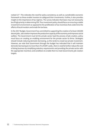12 | Understanding Zambia’s Economic Recovery Programme
ranked 11th
. This reiterates the need for policy consistency as well as a predictable economic
framework as these enable investors to safeguard their investments. Further, it also provides
insight on the importance of tax regimes. The survey indicates that taxes may not necessarily
beofhighpriorityindeterminingFDI.Thusinvestmentpolicyshouldfocusonensuringastable
investment environment as opposed to the proliferation of tax incentives that undermine the
efforts of local investors and erode the tax base.
In the 2017 Budget, Government has committed to supporting the creation of at least 100,000
decentjobs.Jobcreationimprovestheproductivecapacityoftheeconomyandimprovessocial
welfare. The Government must let the private sector lead the process of job creation, policy
must focus on creating an enabling environment for the private sector to thrive. Strategies
should include reducing domestic borrowing, as this tends to crowd out private investment.
However, we note that Government through the budget has indicated that it will maintain
domesticborrowingtonomorethan2%ofGDP.Lastly,thereisneedtofurtherreducethecost
of doing business by simplifying statutory requirements and providing the private sector with
the appropriate incentives and conditions to enable them to meet Governments job creation
targets.
 