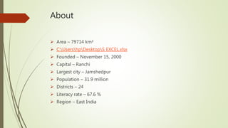 About
 Area – 79714 km²
 C:UsershpDesktopS EXCEL.xlsx
 Founded – November 15, 2000
 Capital – Ranchi
 Largest city – Jamshedpur
 Population – 31.9 million
 Districts – 24
 Literacy rate – 67.6 %
 Region – East India
 