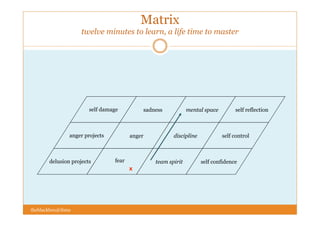 Matrix
twelve minutes to learn, a life time to master
self controldisciplineanger projects anger
fear
x
sadness
self confidence
self reflection
delusion projects
self damage
team spirit
mental space
theblackbox@ibms
 