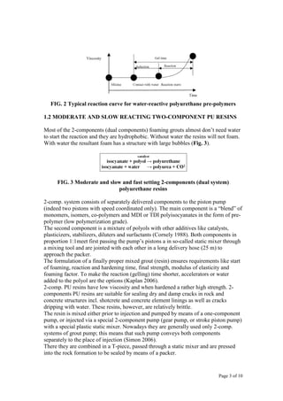 Page 3 of 10
FIG. 2 Typical reaction curve for water-reactive polyurethane pre-polymers
1.2 MODERATE AND SLOW REACTING TWO-COMPONENT PU RESINS
Most of the 2-components (dual components) foaming grouts almost don’t need water
to start the reaction and they are hydrophobic. Without water the resins will not foam.
With water the resultant foam has a structure with large bubbles (Fig. 3).
FIG. 3 Moderate and slow and fast setting 2-components (dual system)
polyurethane resins
2-comp. system consists of separately delivered components to the piston pump
(indeed two pistons with speed coordinated only). The main component is a “blend” of
monomers, isomers, co-polymers and MDI or TDI polyisocyanates in the form of pre-
polymer (low polymerization grade).
The second component is a mixture of polyols with other additives like catalysts,
plasticizers, stabilizers, diluters and surfactants (Cornely 1988). Both components in
proportion 1:1meet first passing the pump’s pistons a in so-called static mixer through
a mixing tool and are jointed with each other in a long delivery hose (25 m) to
approach the packer.
The formulation of a finally proper mixed grout (resin) ensures requirements like start
of foaming, reaction and hardening time, final strength, modulus of elasticity and
foaming factor. To make the reaction (gelling) time shorter, accelerators or water
added to the polyol are the options (Kaplan 2006).
2-comp. PU resins have low viscosity and when hardened a rather high strength. 2-
components PU resins are suitable for sealing dry and damp cracks in rock and
concrete structures incl. shotcrete and concrete element linings as well as cracks
dripping with water. These resins, however, are relatively brittle.
The resin is mixed either prior to injection and pumped by means of a one-component
pump, or injected via a special 2-component pump (gear pump, or stroke piston pump)
with a special plastic static mixer. Nowadays they are generally used only 2-comp.
systems of grout pump; this means that such pump conveys both components
separately to the place of injection (Simon 2006).
There they are combined in a T-piece, passed through a static mixer and are pressed
into the rock formation to be sealed by means of a packer.
 