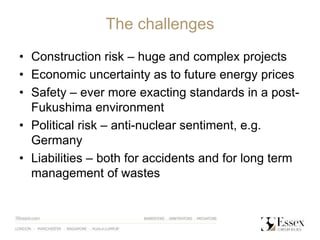 The challenges
• Construction risk – huge and complex projects
• Economic uncertainty as to future energy prices
• Safety – ever more exacting standards in a post-
Fukushima environment
• Political risk – anti-nuclear sentiment, e.g.
Germany
• Liabilities – both for accidents and for long term
management of wastes
 