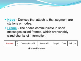Node - Devices that attach to that segment are stations or nodes. Frame - The nodes communicate in short messages called frames, which are variably sized chunks of information.                                      (Frame Formate)PreamleOSFDestination add.Source add.LengthDataPadc.s.