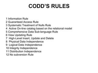 CODD’S RULES

1 Information Rule
2 Guaranteed Access Rule
3 Systematic Treatment of Nulls Rule
4 Active On-line catalog based on the relational model
5 Comprehensive Data Sub-language Rule
6 View Updating Rule
7 High-Level Insert, Update and Delete
8 Physical Data Independence
9 Logical Data Independence
10 Integrity Independence
11 Distribution Independence
12 No subversion Rule
 