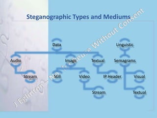 Steganographic Types and Mediums
Data
Audio
Stream
Image
Still Video
Stream
Textual
IP Header
Linguistic
Semagrams
Visual
Textual
 