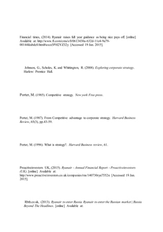 Financial times, (2014). Ryanair raises full year guidance as being nice pays off. [online]
Available at: http://www.ft.com/cms/s/0/0613430a-632d-11e4-9a79-
00144feabdc0.html#axzz3PH2YZ32y [Accessed 19 Jan. 2015].
Johnson, G., Scholes, K. and Whittington, R. (2008). Exploring corporate strategy.
Harlow: Prentice Hall.
Porter, M. (1985). Competitive strategy. New york Free press.
Porter, M. (1987). From Competitive advantage to corporate strategy. Harvard Business
Review, 65(3), pp.43-59.
Porter, M. (1996). What is strategy?. Harvard Business review, 61.
Proactiveinvestors UK, (2015). Ryanair - Annual Financial Report - Proactiveinvestors
(UK). [online] Available at:
http://www.proactiveinvestors.co.uk/companies/rns/140730rya7552n [Accessed 19 Jan.
2015].
Rbth.co.uk, (2013). Ryanair to enter Russia Ryanair to enter the Russian market | Russia
Beyond The Headlines. [online] Available at:
 