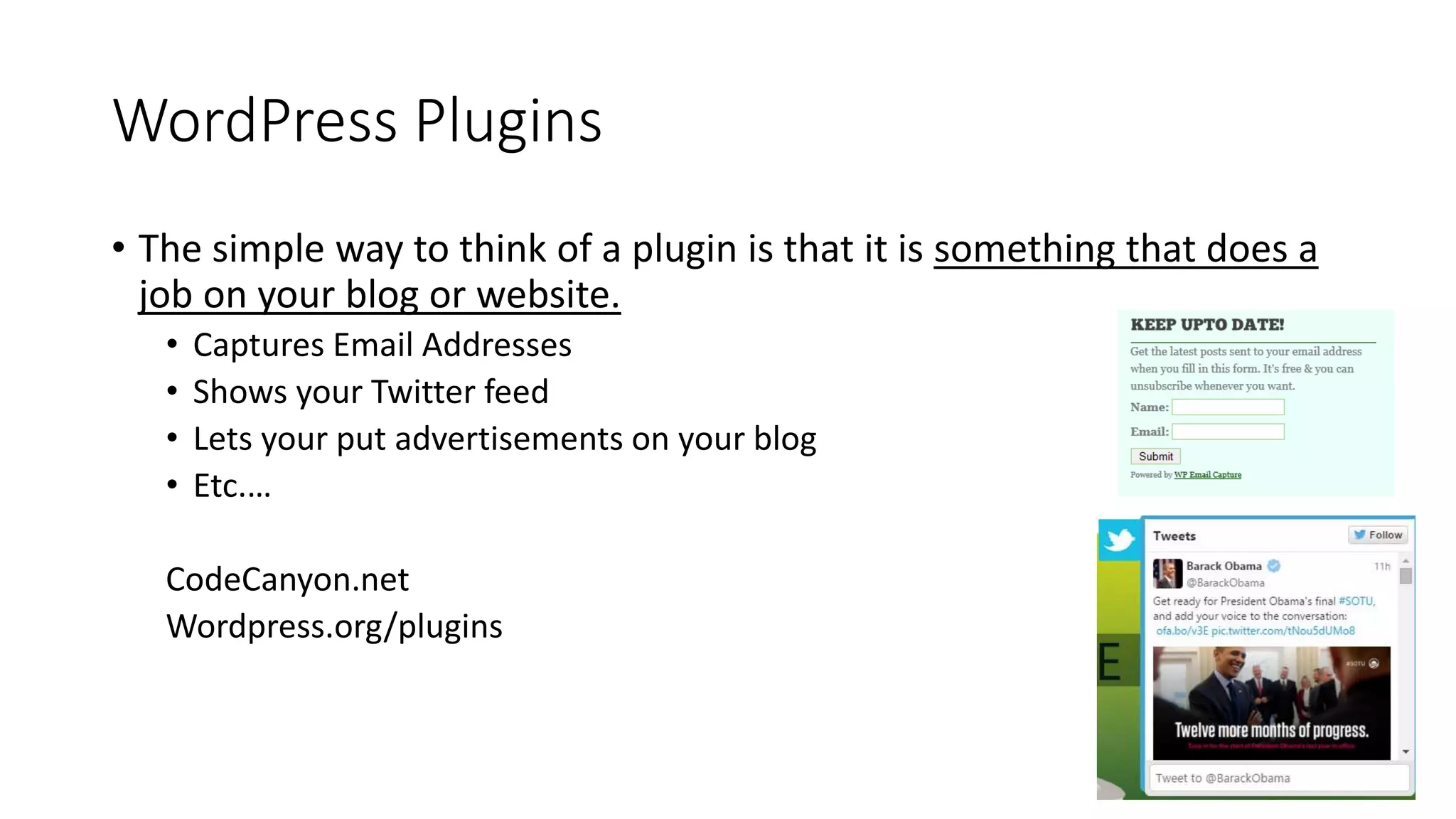 WordPress Plugins
• The simple way to think of a plugin is that it is something that does a
job on your blog or website.
• Captures Email Addresses
• Shows your Twitter feed
• Lets your put advertisements on your blog
• Etc.…
CodeCanyon.net
Wordpress.org/plugins
 
