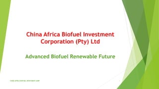 China Africa Biofuel Investment
Corporation (Pty) Ltd
Advanced Biofuel Renewable Future
CHINA AFRICA BIOFUEL INVESTMENT CORP 1
 
