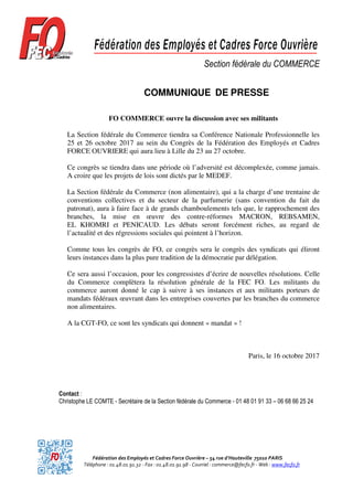 Fédération des Employés et Cadres Force Ouvrière – 54 rue d’Hauteville 75010 PARIS
Téléphone : 01.48.01.91.32 - Fax : 01.4...