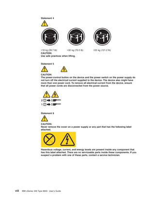 Statement 4

≥18 kg (39.7 lb)
≥32 kg (70.5 lb)
CAUTION:
Use safe practices when lifting.

≥55 kg (121.2 lb)

Statement 5

CAUTION:
The power-control button on the device and the power switch on the power supply do
not turn off the electrical current supplied to the device. The device also might have
more than one power cord. To remove all electrical current from the device, ensure
that all power cords are disconnected from the power source.

2
1

Statement 8

CAUTION:
Never remove the cover on a power supply or any part that has the following label
attached.

Hazardous voltage, current, and energy levels are present inside any component that
has this label attached. There are no serviceable parts inside these components. If you
suspect a problem with one of these parts, contact a service technician.

viii

IBM xSeries 346 Type 8840: User’s Guide

 