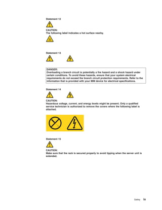 Statement 12

CAUTION:
The following label indicates a hot surface nearby.

Statement 13

DANGER:
Overloading a branch circuit is potentially a fire hazard and a shock hazard under
certain conditions. To avoid these hazards, ensure that your system electrical
requirements do not exceed the branch circuit protection requirements. Refer to the
information that is provided with your IBM device for electrical specifications.

Statement 14

CAUTION:
Hazardous voltage, current, and energy levels might be present. Only a qualified
service technician is authorized to remove the covers where the following label is
attached.

Statement 15

CAUTION:
Make sure that the rack is secured properly to avoid tipping when the server unit is
extended.

Safety

ix

 