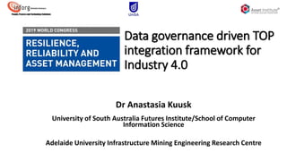 Data governance driven TOP
integration framework for
Industry 4.0
Dr Anastasia Kuusk
University of South Australia Futures Institute/School of Computer
Information Science
Adelaide University Infrastructure Mining Engineering Research Centre
 