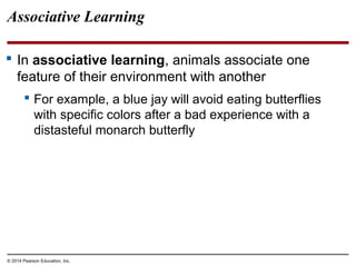 © 2014 Pearson Education, Inc.
Associative Learning
 In associative learning, animals associate one
feature of their environment with another
 For example, a blue jay will avoid eating butterflies
with specific colors after a bad experience with a
distasteful monarch butterfly
 