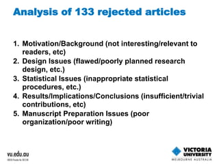 Analysis of 133 rejected articles 
1. Motivation/Background (not interesting/relevant to 
readers, etc) 
2. Design Issues (flawed/poorly planned research 
design, etc.) 
3. Statistical Issues (inappropriate statistical 
procedures, etc.) 
4. Results/Implications/Conclusions (insufficient/trivial 
contributions, etc) 
5. Manuscript Preparation Issues (poor 
organization/poor writing) 
 
