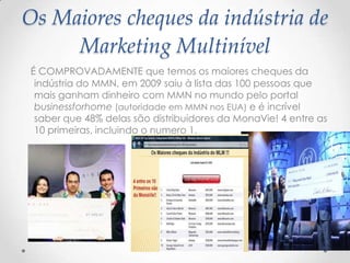 Os Maiores cheques da indústria de
Marketing Multinível
É COMPROVADAMENTE que temos os maiores cheques da
indústria do MMN, em 2009 saiu à lista das 100 pessoas que
mais ganham dinheiro com MMN no mundo pelo portal
businessforhome (autoridade em MMN nos EUA) e é incrível
saber que 48% delas são distribuidores da MonaVie! 4 entre as
10 primeiras, incluindo o numero 1.
 