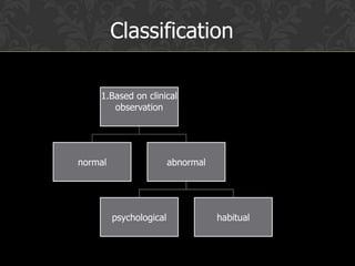 1.Based on clinical
observation
normal abnormal
psychological habitual
Classification
 