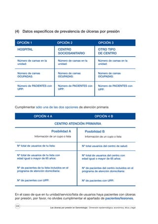 (4) Datos específicos de prevalencia de úlceras por presión
OPCIÓN 1

OPCIÓN 2

OPCIÓN 3

HOSPITAL

CENTRO
SOCIOSANITARIO

OTRO TIPO
DE CENTRO

Número de camas en la
unidad:

Número de camas en la
unidad:

Número de camas en la
unidad:

Número de camas
OCUPADAS:

Número de camas
OCUPADAS:

Número de camas
OCUPADAS:

Número de PACIENTES con
UPP:

Número de PACIENTES con
UPP:

Número de PACIENTES con
UPP:

Cumplimentar sólo una de las dos opciones de atención primaria
OPCIÓN 4 A

OPCIÓN 4 B
CENTRO ATENCIÓN PRIMARIA

Posibilidad A
Información de un cupo o lista

Posibilidad B
Información de un cupo o lista

Nº total de usuarios de tu lista:

Nº total usuarios del centro de salud:

Nº total de usuarios de tu lista con
edad igual o mayor de 65 años:

Nº total de usuarios del centro con
edad igual o mayor de 65 años:

Nº de pacientes de tu lista incluidos en el
programa de atención domiciliaria:

Nº de pacientes del centro incluidos en el
programa de atención domiciliaria:

Nº de pacientes con UPP:

Nº de pacientes con UPP:

ON 4 A

OPCION 4 B

En el caso de que en tu unidad/servicio/lista de usuarios haya pacientes con úlceras
por presión, por favor, no olvides cumplimentar el apartado de pacientes/lesiones.
226

Las úlceras por presión en Gerontología · Dimensión epidemiológica, económica, ética y legal

 