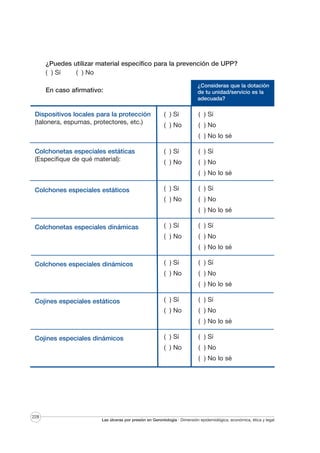 ¿Puedes utilizar material específico para la prevención de UPP?
( ) Sí
( ) No
¿Consideras que la dotación
de tu unidad/servicio es la
adecuada?

En caso afirmativo:

Dispositivos locales para la protección
(talonera, espumas, protectores, etc.)

( ) Sí

( ) Sí

( ) No

( ) No
( ) No lo sé

Colchonetas especiales estáticas
(Especifique de qué material):

( ) Sí

( ) Sí

( ) No

( ) No
( ) No lo sé

( ) Sí

( ) Sí

( ) No

Colchones especiales estáticos

( ) No
( ) No lo sé

( ) Sí

( ) Sí

( ) No

Colchonetas especiales dinámicas

( ) No
( ) No lo sé

( ) Sí

( ) Sí

( ) No

Colchones especiales dinámicos

( ) No
( ) No lo sé

( ) Sí

( ) Sí

( ) No

Cojines especiales estáticos

( ) No
( ) No lo sé

( ) Sí

( ) Sí

( ) No

Cojines especiales dinámicos

( ) No
( ) No lo sé

228

Las úlceras por presión en Gerontología · Dimensión epidemiológica, económica, ética y legal

 