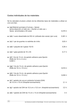 Costes individuales de los materiales
Se ha calculado el precio unitario de los diferentes tipos de materiales a utilizar en
una cura tipo:
(ca) Material quirúrgico (2 pinzas + tijeras)
(pinza disección un sólo uso + Kocher un sólo uso +
tijeras (amortizadas a 50 usos)

0,379 €

(cb) 1 suero desechable de 250 ml. (utilizado dos veces): (por cura)

0,381 €

(cc) 1 par de guantes no estériles de vinilo:

0,03 €

(cd) 1 paquete de 5 gasas 10x10:

0,38 €

(ce) 1 gasa grande de 10 x 20:

0,17 €

(cf) 1 tira de 15 cm. de apósito adhesivo para fijación
(Rollo de 10 m x 5 cm.):
0,009 €
(cg) 1 tira de 15 cm. de apósito adhesivo para fijación
(Rollo de 10 m x 10 cm.):

0,018 €

(ch) 1 tira de 15 cm. de apósito adhesivo para fijación
(Rollo de 10 m x 15 cm.):

0,039 €

(ci) 1 apósito de cura en ambiente húmedo (CAH)
de 10 cm x 10 cm (Hospital-sociosanitario):

2,1 €

(cj) 1 apósito de CAH de 12,5 cm x 12,5 cm (Hospital-sociosanitario):

2,2 €

(ck) 1 apósito de CAH de 15 cm x 15 cm (Hospital-sociosanitario):

264

5€

Las úlceras por presión en Gerontología · Dimensión epidemiológica, económica, ética y legal

 