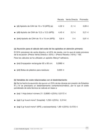 Receta

Venta Directa

Promedio

(cl) Apósito de CAH de 10 x 10 (APS) (a):

4,32 €

2,1 €

3,09 €

(cll) Apósito de CAH de 12,5 x 12,5 (APS):

4,45 €

2,2 €

3,21 €

(cm) Apósito de CAH de 15 x 15 cm (APS):

6,8 €

5€

5,81 €

(a) Asunción para el cálculo del coste de los apósitos en atención primaria:
El 55% provienen de venta directa y el 45% de receta, con lo que el coste proviene
de la ecuación: (Precio Venta Directa x 55%) + (Precio Receta x 45%) / 100.
Para los cálculos se ha utilizado un apósito Allevyn® adhesivo.
(cn) Empapador rectangular 60 x 60 cm:
(cñ) Bolsa de plástico para residuos:

0,0980 €
0,003 €

(b) Variables de coste relacionadas con el desbridamiento
(b) Se ha hecho la asunción de que en un 25% de las úlceras por presión de Estadios
III y IV se precisaría un desbridamiento cortante/enzimático, por lo que el coste
ponderado de esta técnica se calcula en base a:
(co) 1 Hoja bisturí número 21: 0,0690 € (25%): 0,0172 €
(cp) 5 gr Iruxol mono® (hospital): 1,256 € (25%): 0,314€
(cq) 5 gr Iruxol mono® (APS y sociosanitaria): 1,89 € (25%): 0,4725 €

J. Javier Soldevilla Agreda · TESIS DOCTORAL 2007

265

 