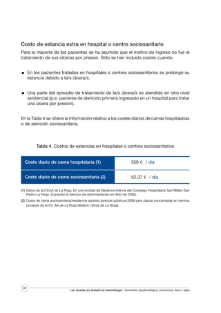 Costo de estancia extra en hospital o centro sociosanitario
Para la mayoría de los pacientes se ha asumido que el motivo de ingreso no fue el
tratamiento de sus úlceras por presion. Sólo se han incluido costes cuando:
En los pacientes tratados en hospitales o centros sociosanitarios se prolongó su
estancia debido a la/s úlcera/s.
Una parte del episodio de tratamiento de la/s úlcera/s es atendido en otro nivel
asistencial (p.e. paciente de atención primaria ingresado en un hospital para tratar
una úlcera por presión).
En la Tabla 4 se ofrece la información relativa a los costes diarios de camas hospitalarias
o de atención sociosanitaria.

Tabla 4. Costos de estancias en hospitales o centros sociosanitarios

Coste diario de cama hospitalaria (1)

350 € / día

Coste diario de cama sociosanitaria (2)

52,37 € / día

(1) Datos de la CCAA de La Rioja. En una Unidad de Medicina Interna del Complejo Hospitalario San Millán-San
Pedro-La Rioja. (Consulta al Servicio de Administración en Abril de 2006).
(2) Coste de cama sociosanitaria/residencia asistida (precios públicos 2006 para plazas concertadas en centros
privados de la CC AA de La Rioja (Boletín Oficial de La Rioja).

88

Las úlceras por presión en Gerontología · Dimensión epidemiológica, económica, ética y legal

 