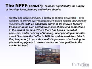 The NPPF(para.47): To boost significantly the supply
of housing, local planning authorities should:
• Identify and update annually a supply of specific deliverable11 sites
sufficient to provide five years worth of housing against their housing
requirements with an additional buffer of 5% (moved forward
from later in the plan period) to ensure choice and competition
in the market for land. Where there has been a record of
persistent under delivery of housing, local planning authorities
should increase the buffer to 20% (moved forward from later in
the plan period) to provide a realistic prospect of achieving the
planned supply and to ensure choice and competition in the
market for land;
 