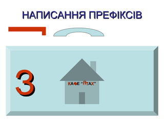 НАПИСАННЯ ПРЕФІКСІВНАПИСАННЯ ПРЕФІКСІВ
КАФЕ “ПТАХ”
ЗЗ КК ФФ ППТТ ХХ
 