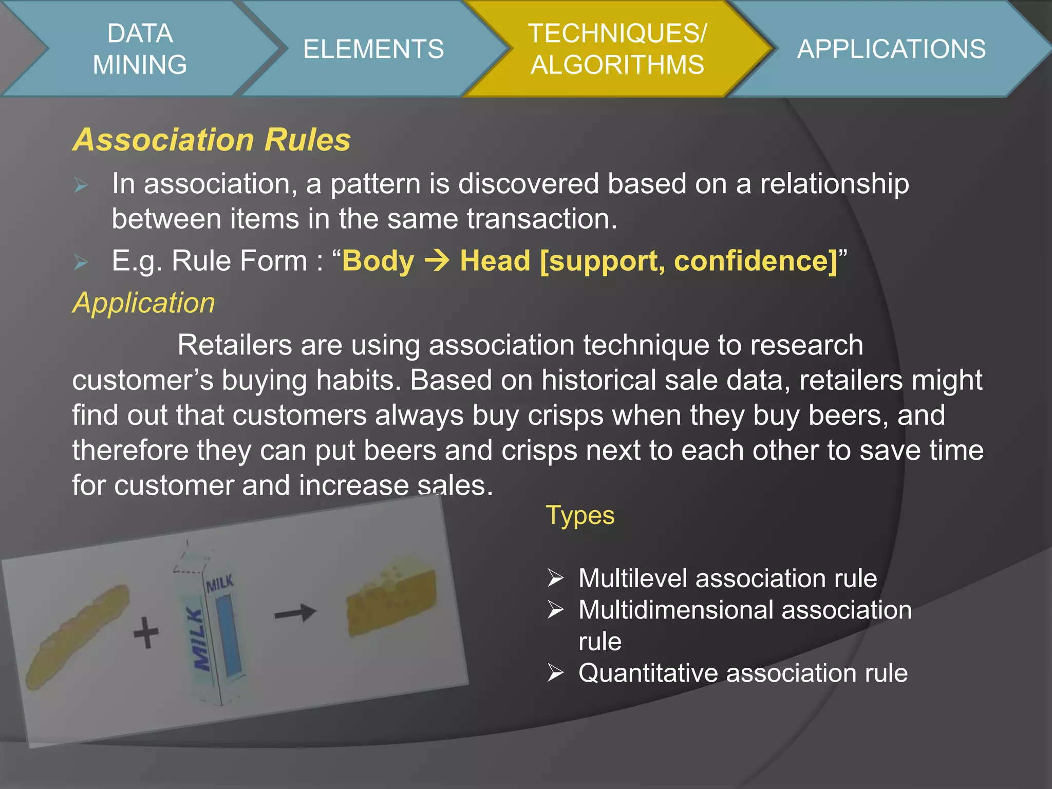 DATA 
MINING 
ELEMENTS 
Association Rules 
TECHNIQUES/ 
ALGORITHMS 
APPLICATIONS 
 In association, a pattern is discovered based on a relationship 
between items in the same transaction. 
 E.g. Rule Form : “Body  Head [support, confidence]” 
Application 
Retailers are using association technique to research 
customer’s buying habits. Based on historical sale data, retailers might 
find out that customers always buy crisps when they buy beers, and 
therefore they can put beers and crisps next to each other to save time 
for customer and increase sales. 
Types 
 Multilevel association rule 
 Multidimensional association 
rule 
 Quantitative association rule 
 