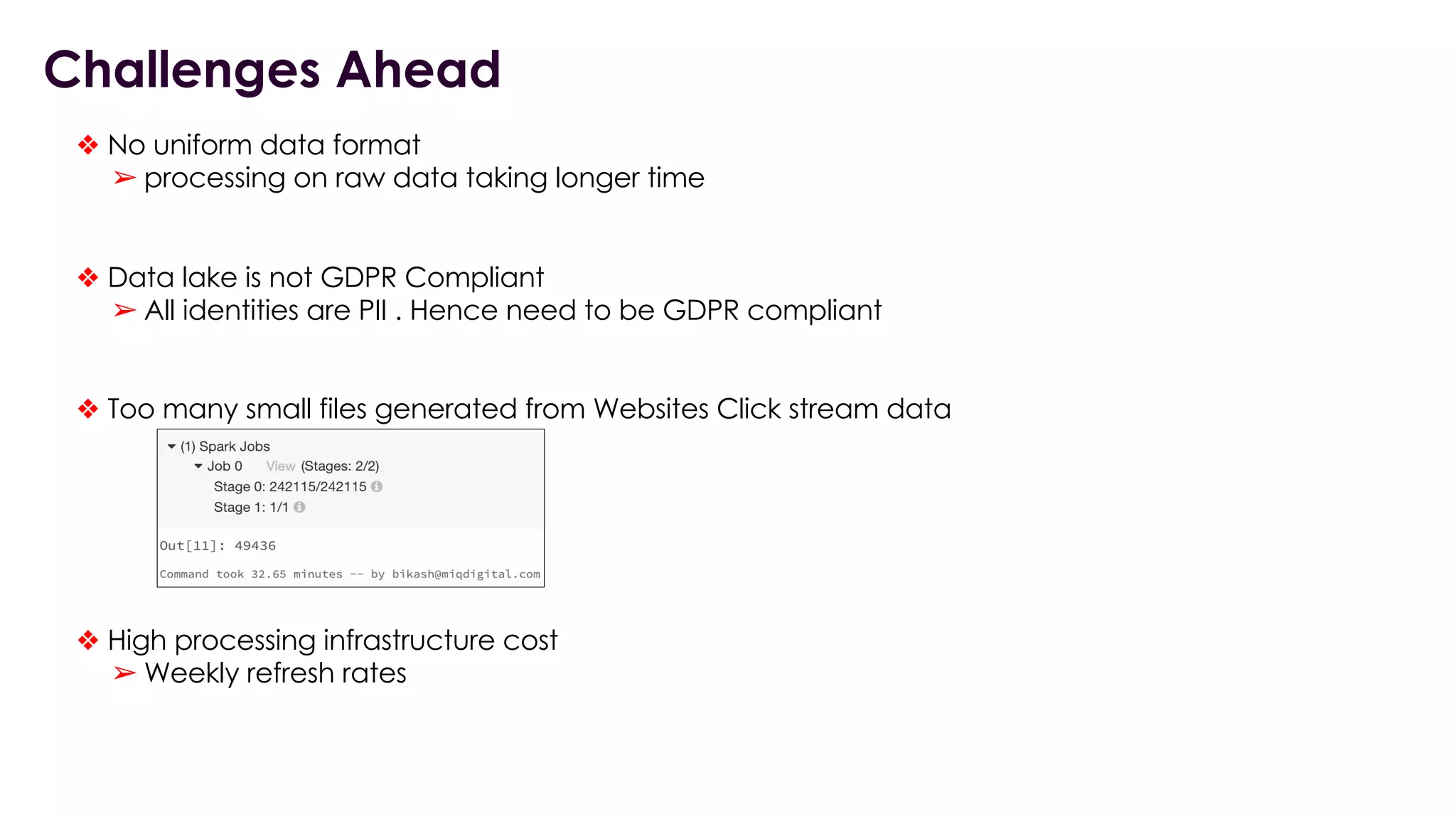 Challenges Ahead
❖ No uniform data format
➢ processing on raw data taking longer time
❖ Data lake is not GDPR Compliant
➢ All identities are PII . Hence need to be GDPR compliant
❖ Too many small files generated from Websites Click stream data
❖ High processing infrastructure cost
➢ Weekly refresh rates
 