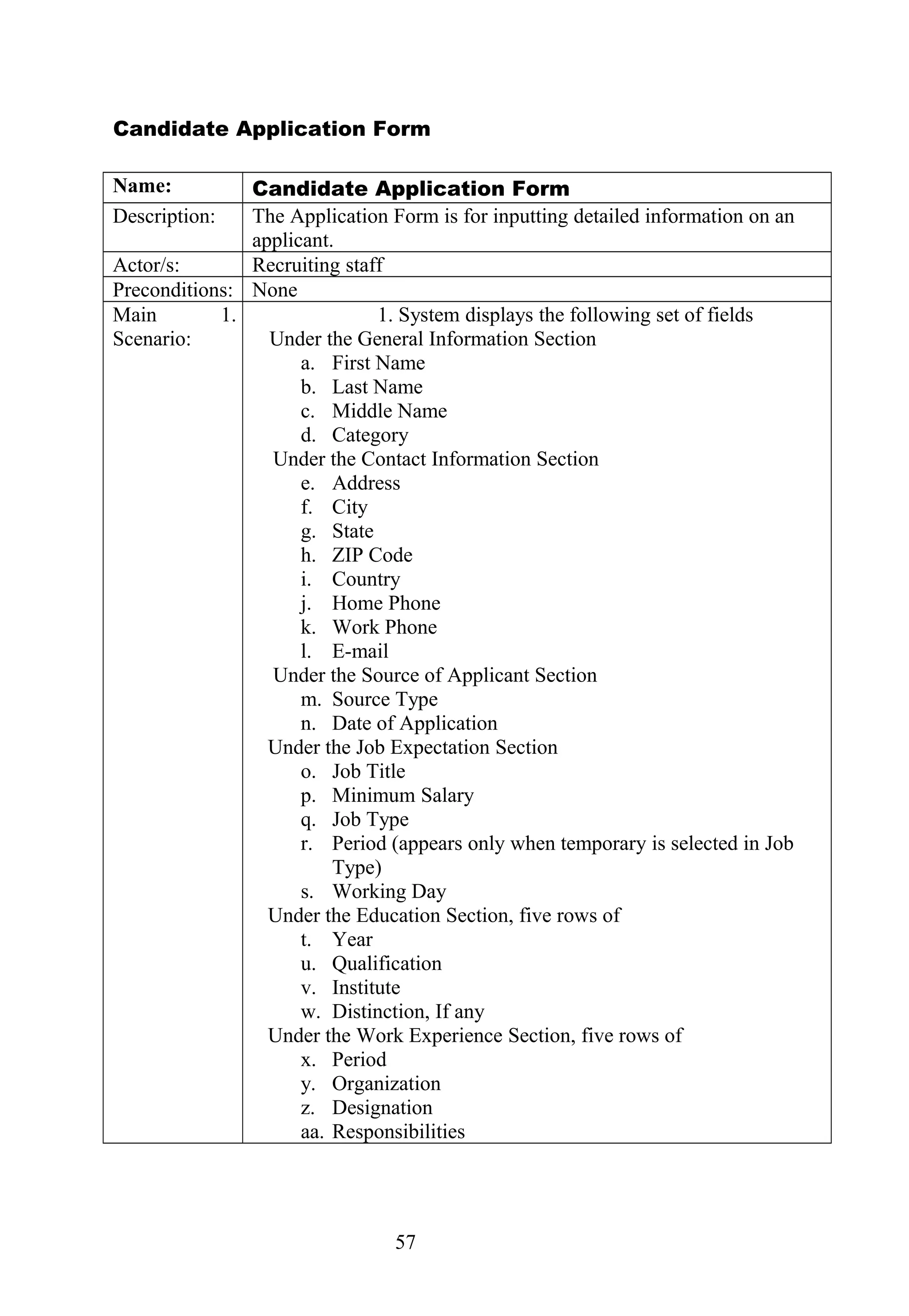 Candidate Application Form
Name: Candidate Application Form
Description: The Application Form is for inputting detailed information on an
applicant.
Actor/s: Recruiting staff
Preconditions: None
Main
Scenario:
1. 1. System displays the following set of fields
Under the General Information Section
a. First Name
b. Last Name
c. Middle Name
d. Category
Under the Contact Information Section
e. Address
f. City
g. State
h. ZIP Code
i. Country
j. Home Phone
k. Work Phone
l. E-mail
Under the Source of Applicant Section
m. Source Type
n. Date of Application
Under the Job Expectation Section
o. Job Title
p. Minimum Salary
q. Job Type
r. Period (appears only when temporary is selected in Job
Type)
s. Working Day
Under the Education Section, five rows of
t. Year
u. Qualification
v. Institute
w. Distinction, If any
Under the Work Experience Section, five rows of
x. Period
y. Organization
z. Designation
aa. Responsibilities
57
 