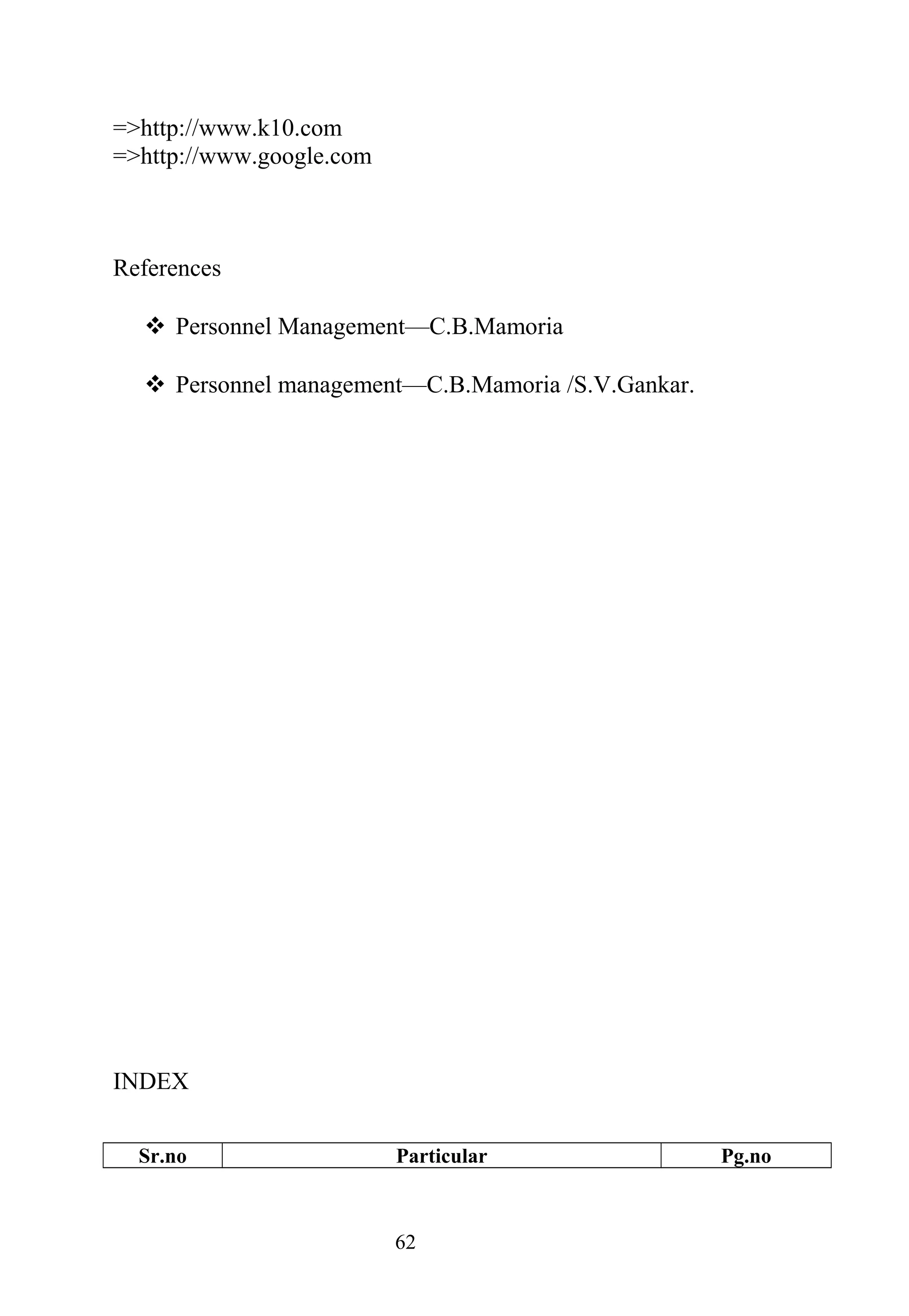 =>http://www.k10.com
=>http://www.google.com
References
 Personnel Management—C.B.Mamoria
 Personnel management—C.B.Mamoria /S.V.Gankar.
INDEX
Sr.no Particular Pg.no
62
 