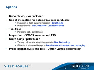 Rudolph tools for back-end Use of inspection for automotive semiconductor Investment in 100% outgoing inspection –  Zero Defects PMI correlation –  Tool Correlation – Certification wafer Test floor Preventing probe card damage Inspection of CMOS sensors and TSV Micro bump / pillar bump   Through silicon stacking interconnect –  New Technology Flip-chip – advanced bumps –  Transition from conventional packaging Probe card analysis and test  - Darren James presentation Agenda 