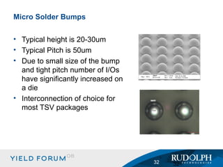 Typical height is 20-30um Typical Pitch is 50um Due to small size of the bump and tight pitch number of I/Os  have significantly increased on a die Interconnection of choice for most TSV packages Micro Solder Bumps 