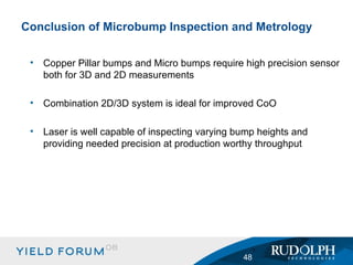 Conclusion of Microbump Inspection and Metrology Copper Pillar bumps and Micro bumps require high precision sensor both for 3D and 2D measurements Combination 2D/3D system is ideal for improved CoO Laser is well capable of inspecting varying bump heights and providing needed precision at production worthy throughput 