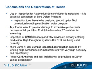 Conclusions and Observations of Trends Use of Inspection for Automotive Semiconductor is increasing – it is essential component of Zero Defect Program Inspection tools have to be designed ground up for Tool correlation including certification wafer program Test Floors want to prevent damage to expensive probe cards because of tall particles. Rudolph offers a fast 2D solution for screening Inspection of CMOS Sensors and TSV devices is already entering production. High throughput systems like NSX are being used currently Micro Bump / Pillar Bump is inspected at production speeds by leading edge semiconductor manufacturers with very high accuracy and repeatability Probe Card Analysis and Test insights will be provided in Darren James presentation 