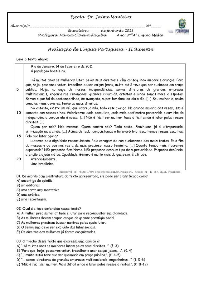 Avaliação lingua portuguesa 3º E.M II Bimestre