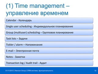| |Navicon Group
(1) Time management –
управление временем
Calendar - Календарь
Single user scheduling - Индивидуальное планирование
Group (multiuser) scheduling – Групповое планирование
Task lists – Задачи
Tickler / alarm – Напоминания
E-mail – Электронная почта
Notes - Заметки
Transaction log / Audit trail - Аудит
CRM-системы: функциональность 1001/11/2012
 