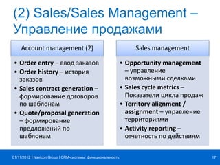 | |Navicon Group
(2) Sales/Sales Management –
Управление продажами
Account management (2)
• Order entry – ввод заказов
• Order history – история
заказов
• Sales contract generation –
формирование договоров
по шаблонам
• Quote/proposal generation
– формирование
предложений по
шаблонам
Sales management
• Opportunity management
– управление
возможными сделками
• Sales cycle metrics –
Показатели цикла продаж
• Territory alignment /
assignment – управление
территориями
• Activity reporting –
отчетность по действиям
CRM-системы: функциональность 1701/11/2012
 