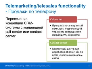 | |Navicon Group
Telemarketing/telesales functionality
- Продажи по телефону
Пересечение
концепции CRM-
системы с концепцией
call-center или contact-
center
• Программно-аппаратный
комплекс, позволяющий
управлять входящими и
исходящими звонками
Call-center
• Контактный центр для
обработки обращений по
всем известным каналам
связи
Contact-center
CRM-системы: функциональность 3401/11/2012
 