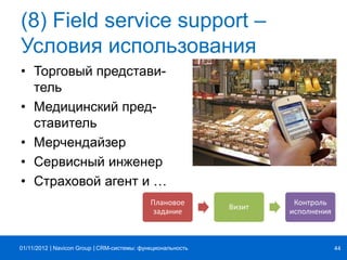 | |Navicon Group
(8) Field service support –
Условия использования
• Торговый представи-
тель
• Медицинский пред-
ставитель
• Мерчендайзер
• Сервисный инженер
• Страховой агент и …
CRM-системы: функциональность 4401/11/2012
Плановое
задание
Визит
Контроль
исполнения
 