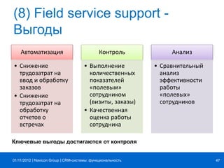 | |Navicon Group
(8) Field service support -
Выгоды
CRM-системы: функциональность 4701/11/2012
Автоматизация
• Снижение
трудозатрат на
ввод и обработку
заказов
• Снижение
трудозатрат на
обработку
отчетов о
встречах
Контроль
• Выполнение
количественных
показателей
«полевым»
сотрудником
(визиты, заказы)
• Качественная
оценка работы
сотрудника
Анализ
• Сравнительный
анализ
эффективности
работы
«полевых»
сотрудников
Ключевые выгоды достигаются от контроля
 